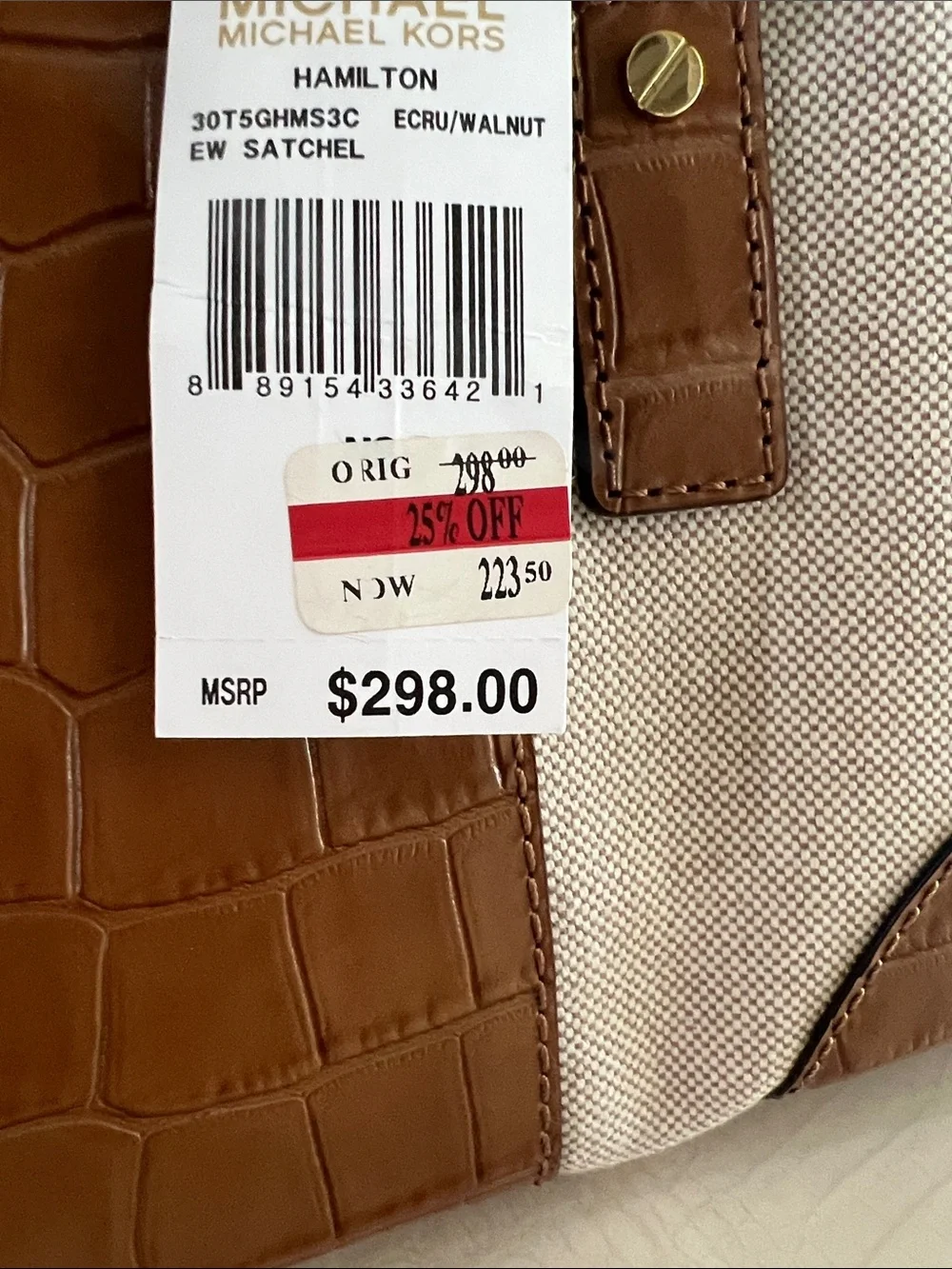 Michael Kors Brown and Cream Croc-Trim Satchel with Gold Hardware